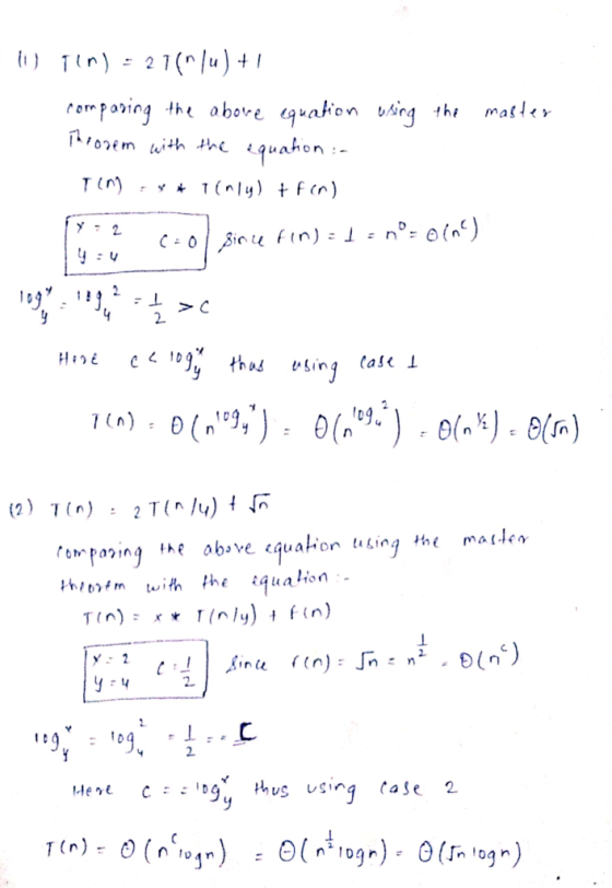 In Tin) = 274 /u) +! comparing the above quafion using the master Theorem with the equation : Ting Ianly) + f(n) [i:2 01 Sic