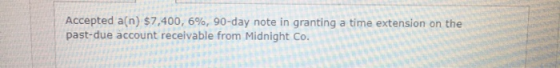 Accepted a(n) $7,400, 6%, 90-day note in granting a time extension on the past-due account receivable from Midnight Co.