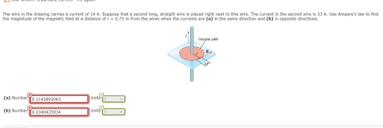 The wire in the drawing carries a current of 14 A. Suppose that a second long, straight wire is placed right next to this wir