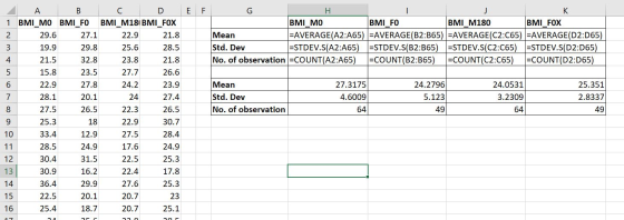 E F 2 G н BMI_MO BMI_FO BMI_M180 BMI_FOX Mean =AVERAGE(A2:A65) =AVERAGE(B2:B65) =AVERAGE(C2:C65) =AVERAGE(D2:D65) Std. Dev =S