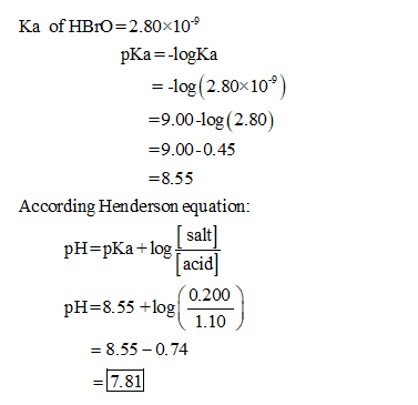 Ka of HBrO=2.80x100 pKa=-logKa = -log(2.80x10) =9.00-log(2.80) =9.00-0.45 =8.55 According Henderson equation: salt] pH=pKa+lo