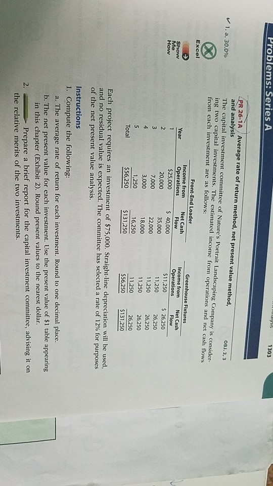 1303 Problems: Series A Average rate of return method, net present value method, and analysis The capital investment committee of Natures Portrait Landscaping Company is consider- ing two capital investments. The estimated income from operations and net cash flows from each investment are as follows: OBJ. 2, 3 V 1. a. 30.096 Excel Front-End Loader Income from Net Cash Income from Operations Net Cash Operations $25,000 20,000 7,000 3,000 1,250 S56,250 Year Flow Me How 22,000 18,000 16,250 $131,250 $11,250 26,250 26,250 26,250 26,250 11,250 11,250 11,250 11,250 $56,250 $131,250 Each project requires an investment of $75,000. Straight-line depreciation will be used and no residual value is expected. The committee has selected a rate of 12% for purposes of the net present value analysis. Instructions 1. Compute the following: a. The average rate of return for each investment. Round to one decimal place. b. The net present value for each investment. Use the present value of $1 table appearing in this chapter (Exhibit 2). Round present values to the nearest dollar. 2.Prepare a brief report for the capital investment committee, advising it on the relative merits of the two investments.