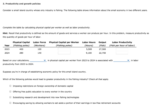 3. Productivity and growth policies Consider a small island country whose only industry is fishing. The following table shows