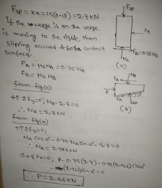 Esp Nc Esp = kn=15(0.18)=2.7 kN if the wedge is on the verge is moving to the right, then slipping occured at both contact su
