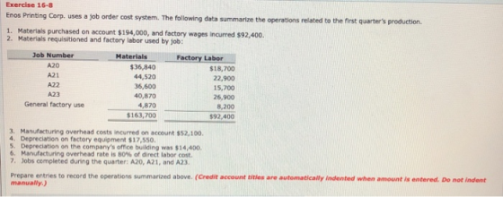 Exercise 16-8 Enos Printing Corp. uses a job order cost system. The following data summarize the operations related to the fi