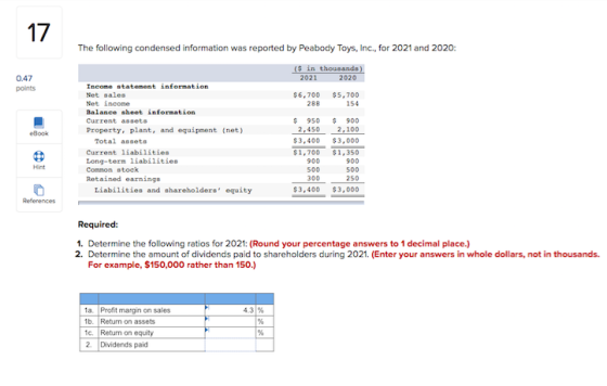 17 The following condensed information was reported by Peabody Toys, Inc., for 2021 and 2020: 0.47 points ($ in thousands 202