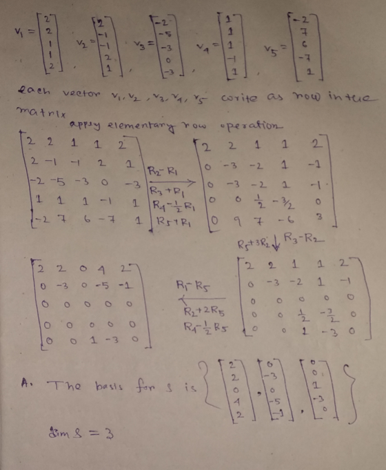 NYTT Ho 11 - each vector vive V2, V, V Corite as now in the matrix appey elementary now operation 12 2 1 1 2 12 2 1 1 2] 12-