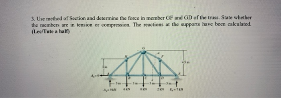 3. Use method of Section and determine the force in member GF and GD of the truss. State whether the members are in tension o