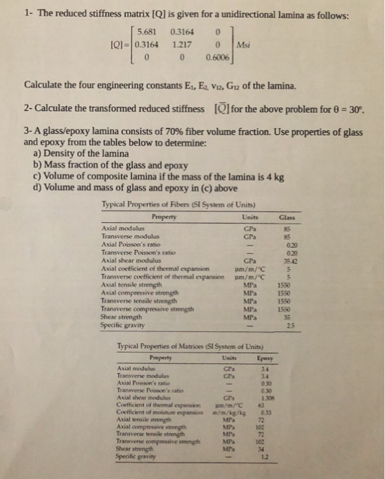 1- The reduced stiffness matrix [Q] is given for a unidirectional lamina as follows: 5.681 0.3164 0 ] [Q]=0.3164 1.217 0 Msi