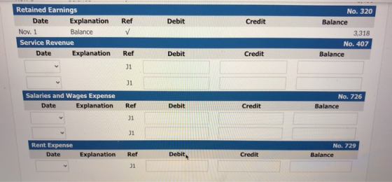 Debit Credit Retained Earnings Date Explanation Nov. 1 Balance Service Revenue Date Explanation Ref ✓ No. 320 Balance 3,318 N