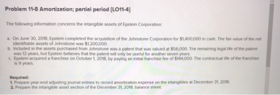 Problem 11-8 Amortization; partial period [LO11-4) The following information concerns the intangible assets of Epstein Corpor