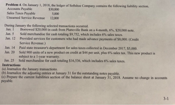 Problem 4. On January 1, 2018, the ledger of Softshoe Company contains the following liability section. Accounts Payable $30,