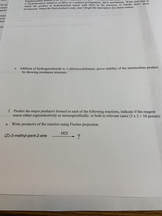 M-24 Supplementary S UN IS UIT. d. Hydroboration (addition of BH) of l-methyl-cyclopentene, show mechanism. Write next step i