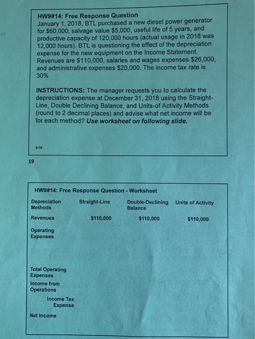 HW9#14: Free Response Question January 1, 2018, BTL purchased a new diesel power generator for $60,000, salvage value $5,000,