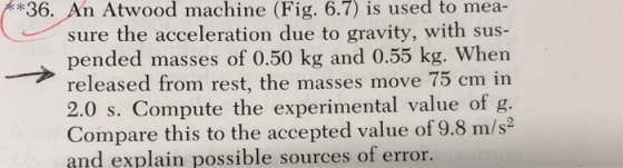 A*36. An Atwood machine (Fig. 6.7) is used to mea- sure the acceleration due to gravity, with sus- pended masses of 0.50 kg and 0.55 kg. When released from rest, the masses move 75 cm in 2.0 s. Compute the experimental value of g. Compare this to the accepted value of 9.8 m/s2 and explain possible sources of error.