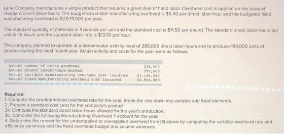 Lane Company manufactures a single product that requires a great deal of hand labor. Overhead cost is applied on the basis of