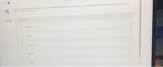 Exam 15 Zeppet hus beginning culty of S291000, net income of SRDOD. dvidends paid of $57000 and stockholder investments of $2