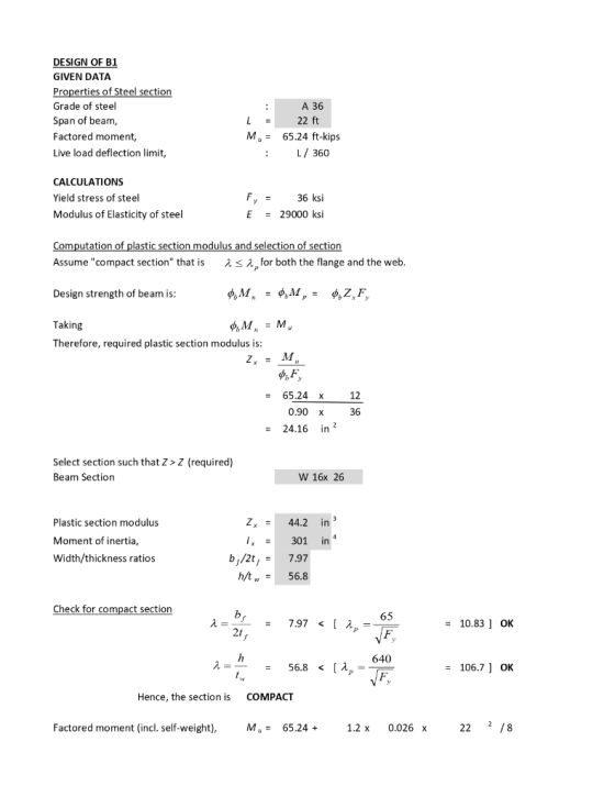 DESIGN OF BI GIVEN DATA Properties of Steel section Grade of steel Span of beam, Factored moment, Live load deflection limit,
