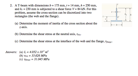 2. AT-beam with dimensions b 175 mm, t 14 mm, h -250 mm, and hi = 230 mm is subjected to a shear force V= 84 kN. For this problem, assume the cross-section can be discretized into two rectangles (the web and the flange (a) Determine the moment of inertia of the cross section about the (b) Determine the shear stress at the neutral axis, TNA (c) Determine the shear stress at the interface of the web and the flange, Tflange Z-axis Answers: (a) l, = 4,052 x 10% ? (b) tna- 33.626 MPa (c) Tflange 31.045 MPa