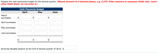 Prepare the cash payments budget for the second quarter. (Round answers to 0 decimal places, e.g. 5,275. Enter answers in nec
