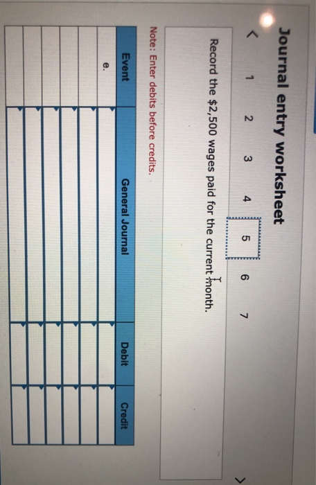 Journal entry worksheet < 1 2 3 4 5 6 7 Record the $2,500 wages paid for the current fronth. Note: Enter debits before credit