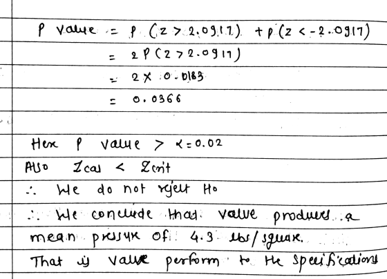 p value = P. (2 72.09.17). p.02 > 2.091.1) +(<-2.0917) 2 P (2 72.0919) 2X 0.0183 . 0.0366 .. Her p value > x=0.02 Also Ical
