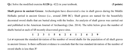 Qi: Solve the modified exercise 8.120 (p. 422) in your textbook. (5 points) Shaft graves in ancient Greece. Archeologists have discovered a rise in shaft graves during the Middle Helladic period in ancient Greece (i.e., around 2000 BC). Shaft graves are named for the beautifully decorated sword shafts that are buried along with the bodies. An analysis of shaft graves was carried out and published in the American Journal of Archaeology (Jan. 2014). The table below gives the number of shafts buried at each of 13 recently discovered grave sites. 1 231 5 6241 24 2 9 Let σ represent the standard deviation of the number of sword shafts for the population of all shaft graves in ancient Greece. Is there sufficient evidence to conclude that the true standard deviation of the number of sword shafts is less than 3?