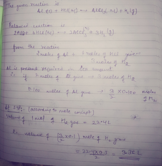 The is. guien reaction Al ts) + Hellap) - Alle aj + 4 lg) is Balanced reaction Alat 6 Heecal) Alce + 34 lg) from the reaction