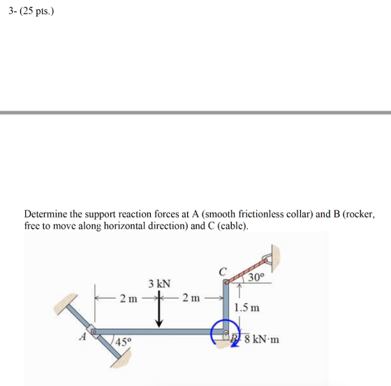 3- (25 pts.) Determine the support reaction forces at A (smooth frictionless collar) and B (rocker, free to move along horizo