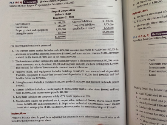 P5.5 (LO2) Groupwork (Balance Sheet Muut balance sheet of Sargent Corporation for the current year, 2020. 8. Ar Decem remaine