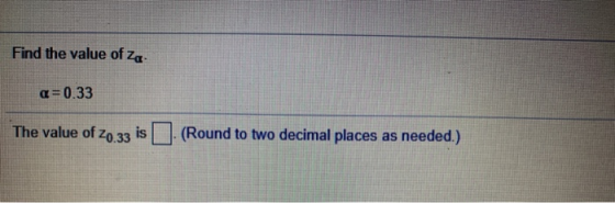 Find the value of Za a=0.33 The value of f20.33 is (Round to two decimal places as needed.)