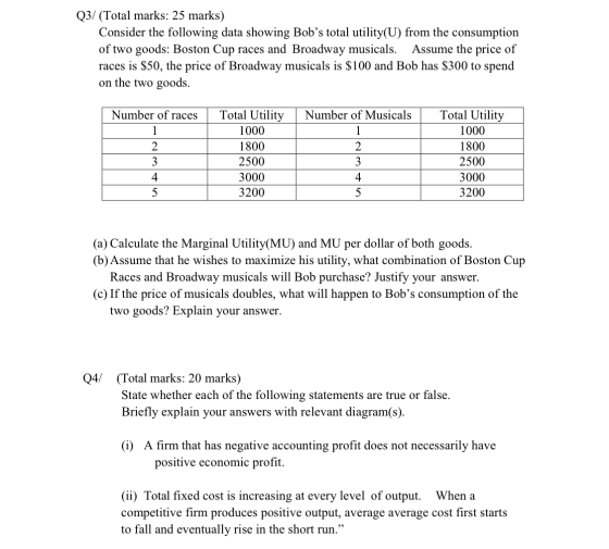Q3/ (Total marks: 25 marks) Consider the following data showing Bobs total utility(U) from the consumption of two goods: Bos