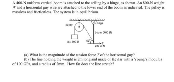 A 400-N uniform vertical boom is attached to the ceiling by a hinge, as shown. An 800-N weight W and a horizontal guy wire are attached to the lower end of the boom as indicated. The pulley is massless and frictionless. The system is in equilibrium. hinge pulley boom (400 N) We 800-N 60 (a) What is the magnitude of the tension force T of the horizontal guy? (b) The line holding the weight is 2m long and made of Kevlar with a Youngs modulus of 100 GPa, and a radius of 2mm. How far does the line stretch?
