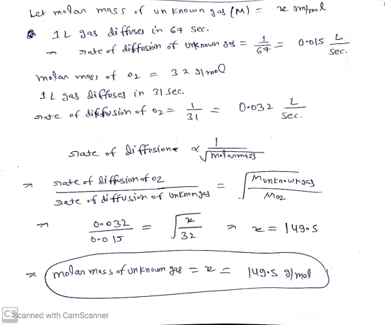Sec het molar mass of un known gas (M) = re almal 6 12 gas diffuses in 67 sec. rate of diffusion of unknown des = = Oools mol