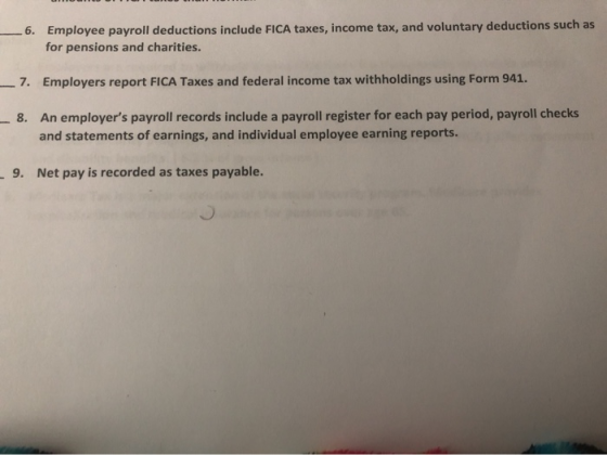 -6. Employee payroll deductions include FICA taxes, income tax, and voluntary deductions such as for pensions and charities.