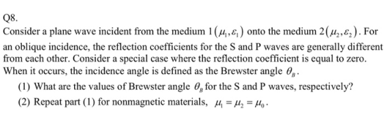 08. Consider a plane wave incident from the medium 1(M€) onto the medium 2 (uz,£z). For an oblique incidence, the reflection
