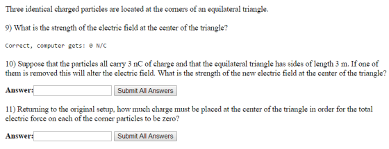 Three identical charged particles are located at t