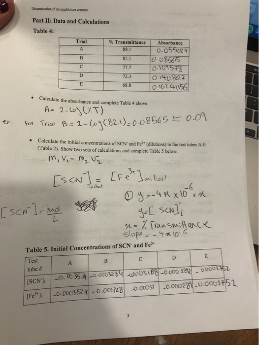 Determination of a quilibrium constant Part II: Data and Calculations Table 4: Trial % Transmittance 88.1 A B 82.1 с 77.7 Abs