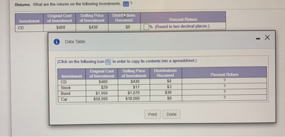 Returns. What are the returns on the following investments ? Investment Original Cast of Investment $400 Selling Price of Inv