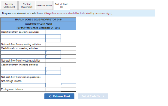 Income Statement Capital Statement Balance Sheet Smt of Cash Fls Prepare a statement of cash flows. (Negative amounts should