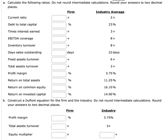 a. Calculate the following ratios. Do not round intermediate calculations. Round your answers to two decimal places. Firm Ind