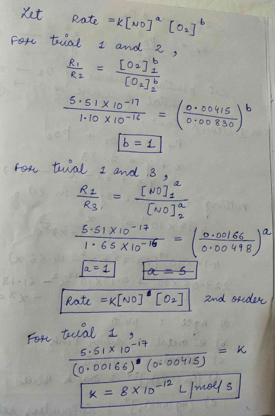 Let fore Rate = K[no] a [02]b trial 1 and 2 R2 [0276 5.510 10-17 - 1.10 X 10-16 0.00415 0.00830 1b = 1] 1 and 3 tou tenal R1