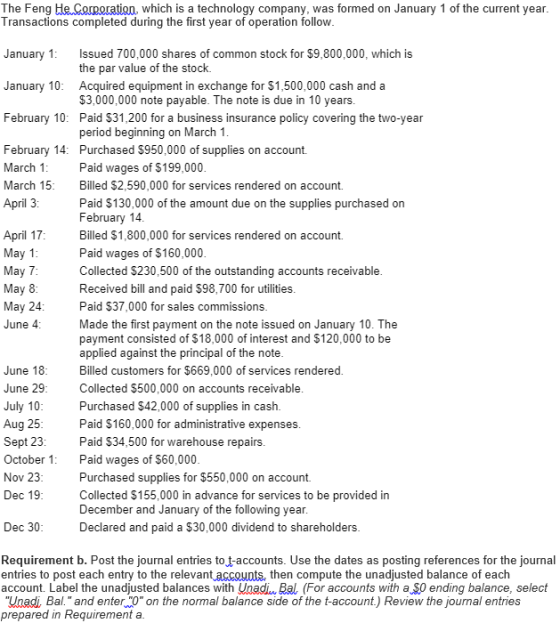 The Feng He Corporation, which is a technology company, was formed on January 1 of the current year. Transactions completed d