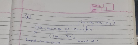Page No. Date. The - Che - CH₂ - CH3. CH3- CH2 -che CH2 -cth he CH2 longest anbon chelin brunch at 4