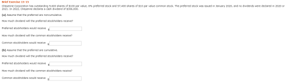 Brief Exercise 15-15 Cheyenne Corporation has outstanding 9,600 shares of $100 par value, 6% preferred stock and 57,400 share