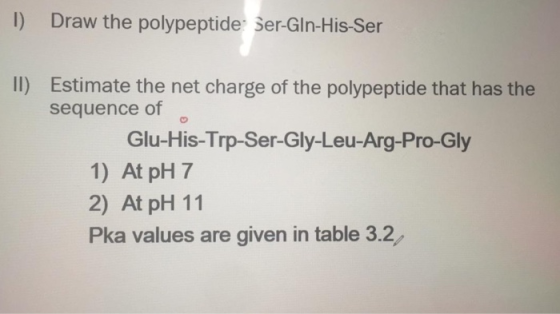 1) Draw the polypeptide: Ser-Gln-His-Ser II) Estimate the net charge of the polypeptide that has the sequence of Glu-His-Trp-