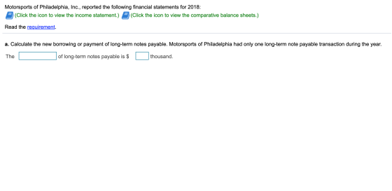 Motorsports of Philadelphia, Inc., reported the following financial statements for 2018: (Click the icon to view the income s