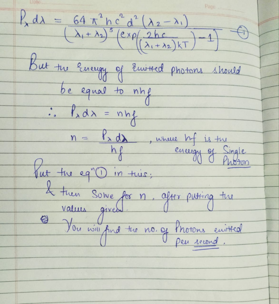 le Page P dx = 64 x² n c ² d (12-21) (d, + 2z) (expl 2h KT) -1 0 But the energy of ruitted photons should be equal to nhe &
