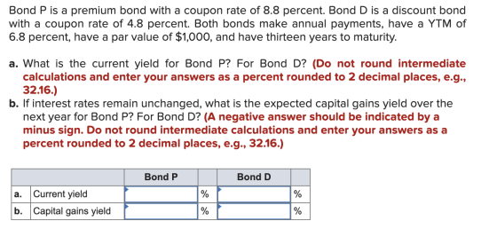 Bond P is a premium bond with a coupon rate of 8.8 percent. Bond D is a discount bond with a coupon rate of 4.8 percent. Both