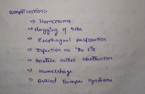 complications - Hematoma clogging of tube » Esophageal perforation Infection at the site » Gastric outlek obstruction > Hem
